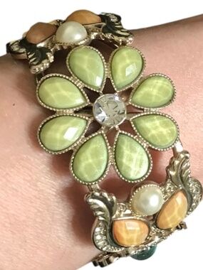 Ornate Vintage Style Floral Cuff Bracelet Green Cat Eye Statement Jewelry